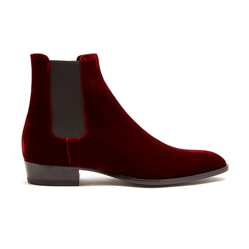 CHELSEA Boots Men รองเท้าบูทสั้นอังกฤษ CHELSEA BOOT รองเท้าบูทมาร์ตินอินเทรนด์ Velvet Burgundy Point