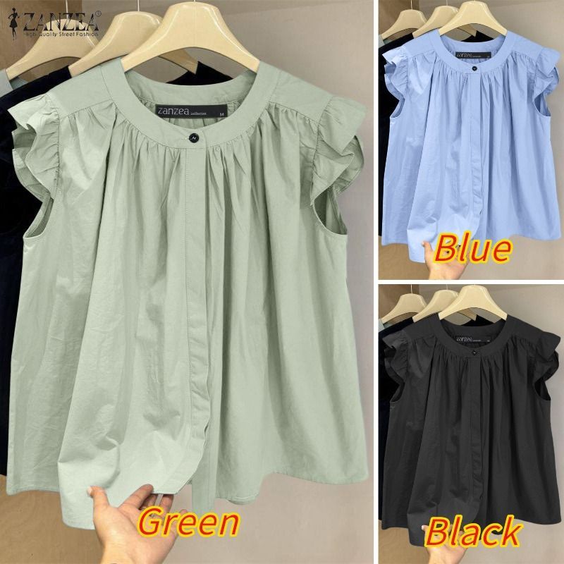 ZANZEA สไตล์เกาหลีเสื้อแขนปูกะพันสำหรับผู้หญิง ดีไซน์ปลอกคอดีเทลด้วย pleats ทรงหลวม สไตล์ A-line เหมาะสำหรับฤดูร้อน — صورة 3