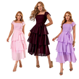 Vestido Midi Chiffon Luxo Forrado  Saia Em Camadas com Faixa e Lastex Costas