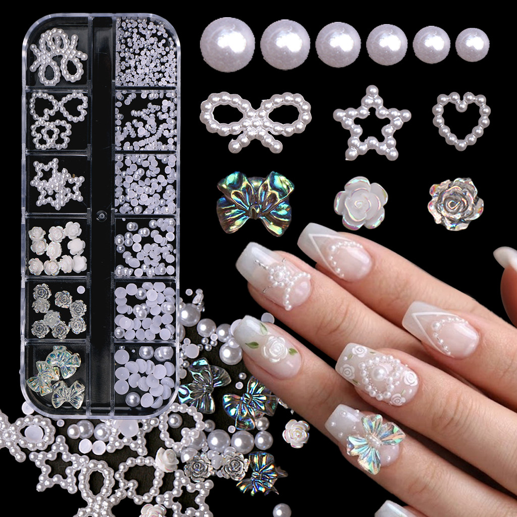 HAMA 3D ตกแต่งเล็บชุดสีขาว Pearl Bow Heart Star Aurora เรซิ่น Rose ดอกไม้ผสมเล็บ Charms DIY อุปกรณ์แต่งเล็บ