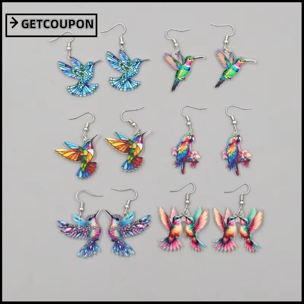 ต่างหูอะคริลิกลวดลาย hummingbird สีสันสดใส สไตล์ย้อนยุค