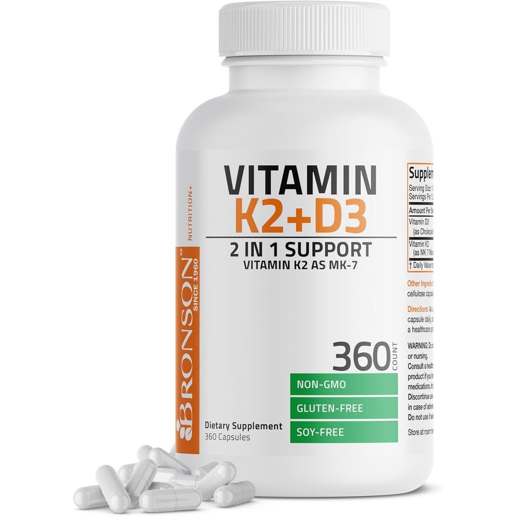 Bronson Vitamin K2 (MK7) พร้อม D3 Non-GMO Formula 5000 IU Vitamin D3 & 90 mcg K2 MK-7 Easy to Swallo