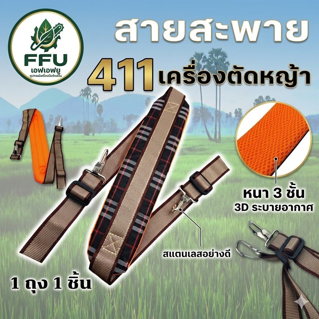 FFU สายสะพายเครื่องตัดหญ้า 411 (ลายสก็อตอย่างดี) และรุ่น 767 ธรรมดา สายสะพายบ่าเดี่ยว หนานุ่ม ลดปวดไหล่ ทนทาน