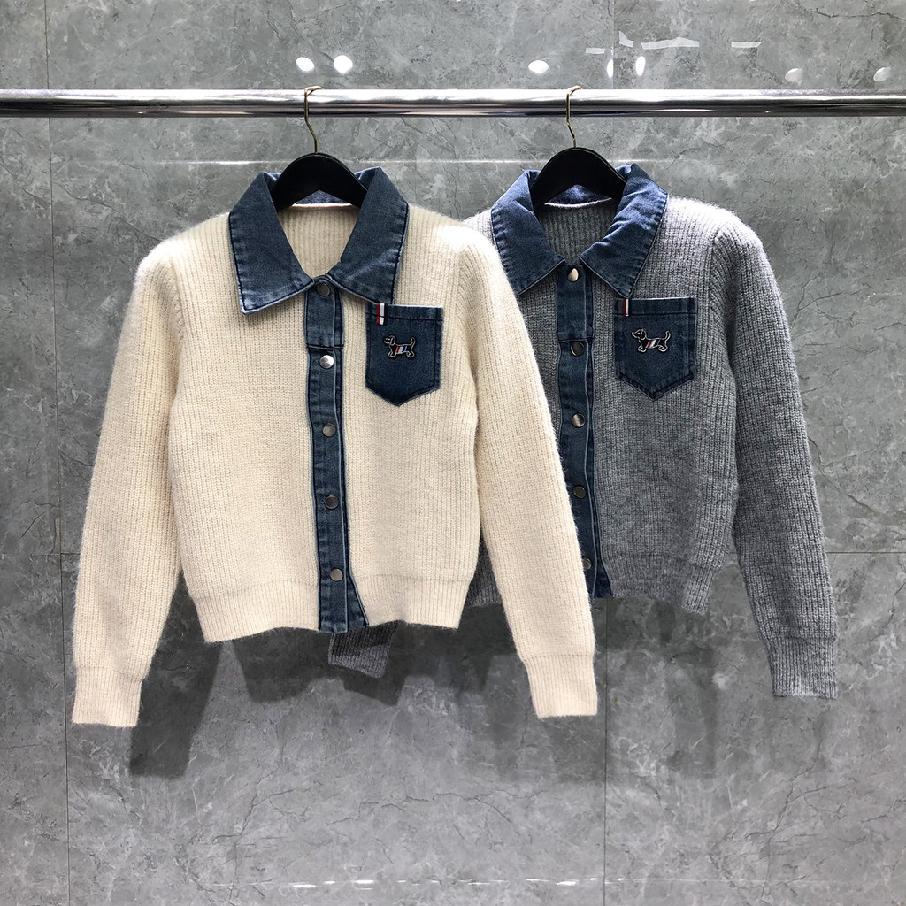 MIVE thombrowne Denim shirt collar spliced fake two-piece sweater for women, Korean style high-end k