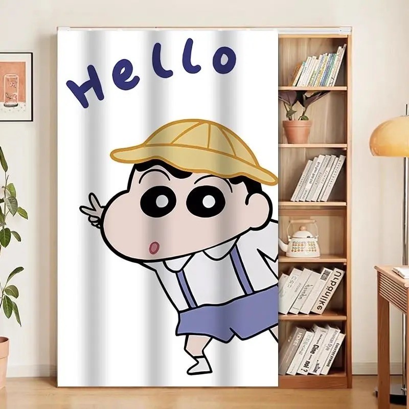 Playful Cartoon Boy ม่านเลื่อนแบบไม่ต้องเจาะรู - ดินสอสี SHINCHAN พิมพ์สําหรับตู้เสื้อผ้าเด็กและหอพักศึกษา Nook ชั้นวางที่หักเหี่ยวในห้อง