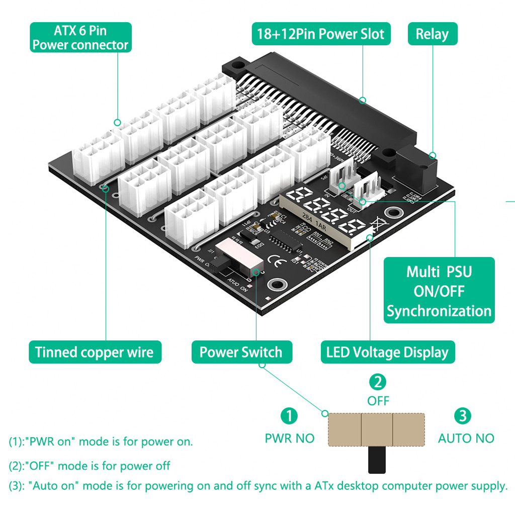 JMT รุ่นอัพเกรด ATX 12x 6Pin Breakout Board พร้อมแฟลช LED สําหรับ Dell ยี่ห้อ PSU และสําหรับ BTC Mining