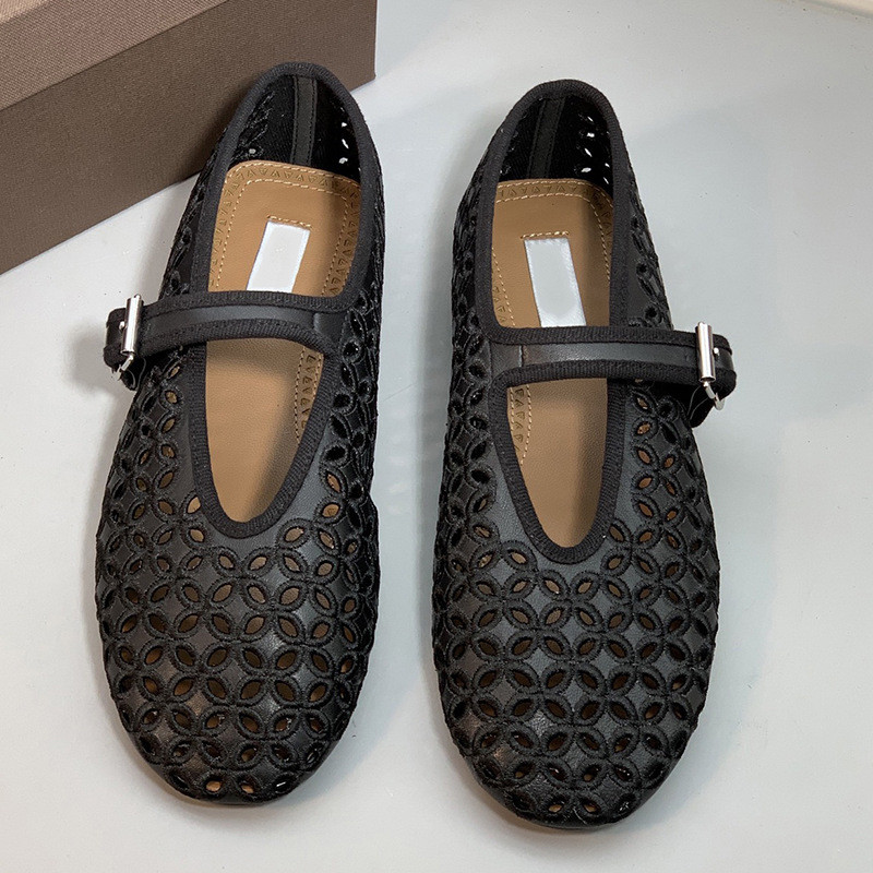 5YHM Alaia Hollowed-out genuine leather Mary Jane women's shoes2025Summer new style round-toe comfor