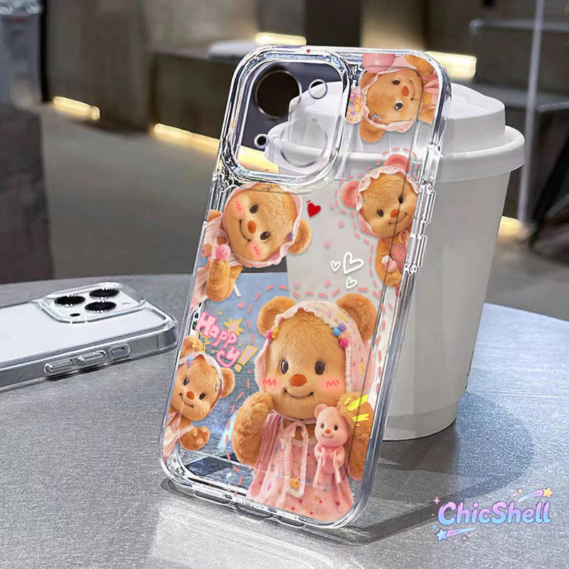 เคสไอโฟน หมวกสีชมพู หมีเนย เคสใส กันกล้อง cho iPhone 11 12 13 14 15 16 ProMax X XR XS Max 7 8Plus-CL