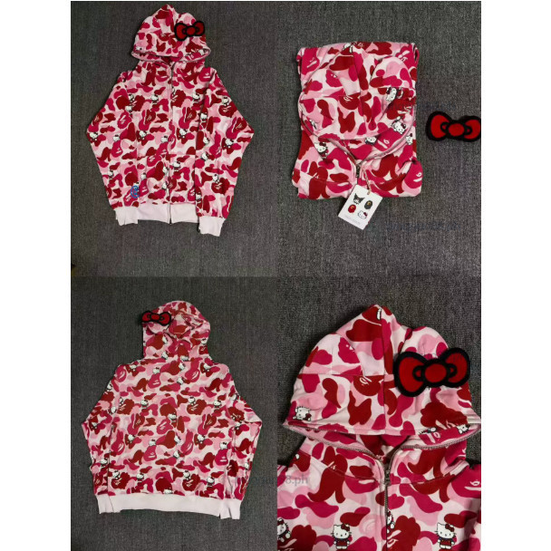 น่ารักการ์ตูน Kuromi Kitty Camo Zip Up Hoodie ผู้หญิง 3D หูตกแต่งหลวมแขนยาว Casual Street Hooded Jacket