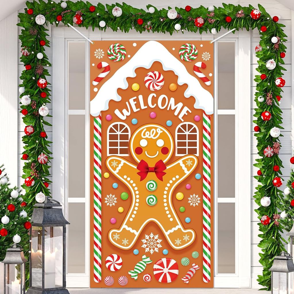Panelee Gingerbread House ประตูตกแต่ง 7.9 x 35.4 นิ้ว Gingerbread ประตูแบนเนอร์คริสต์มาส Candy ฉากหล