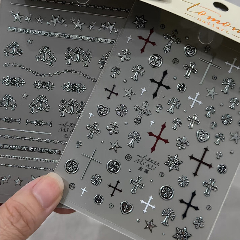 Crow Heart Nails Sticker Retro Gothic Punk Style Cross Metallic Silver Star Nail Sticker อุปกรณ์ตกแต