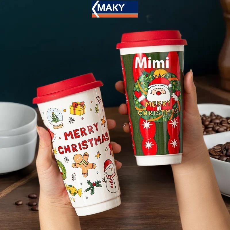 MAKY คริสต์มาสแก้วเซรามิคถ้วยกาแฟซิลิโคนและกล่องแก้ว Latte 580ml ที่นี่ Santa Claus สําหรับเด็ก Mom 