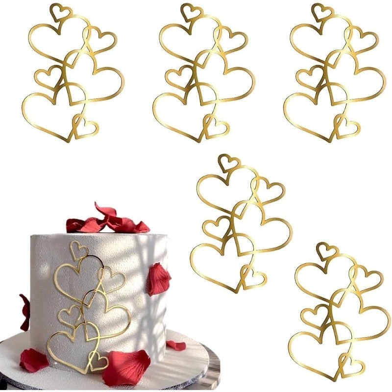อะคริลิคหัวใจเค้ก Toppers Gold Heart เค้กตกแต่ง Minimalist Art Heart Cupcake Topper สําหรับวาเลนไทน์s Day Anniversary งานแต่งงานหมั้นอุปกรณ์วันเกิด Decor