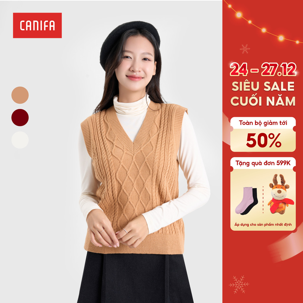 CANIFA เสื้อสเวตเตอร์ผ้าทอคอเต่าแขนกุดผู้หญิง 6TE24W004