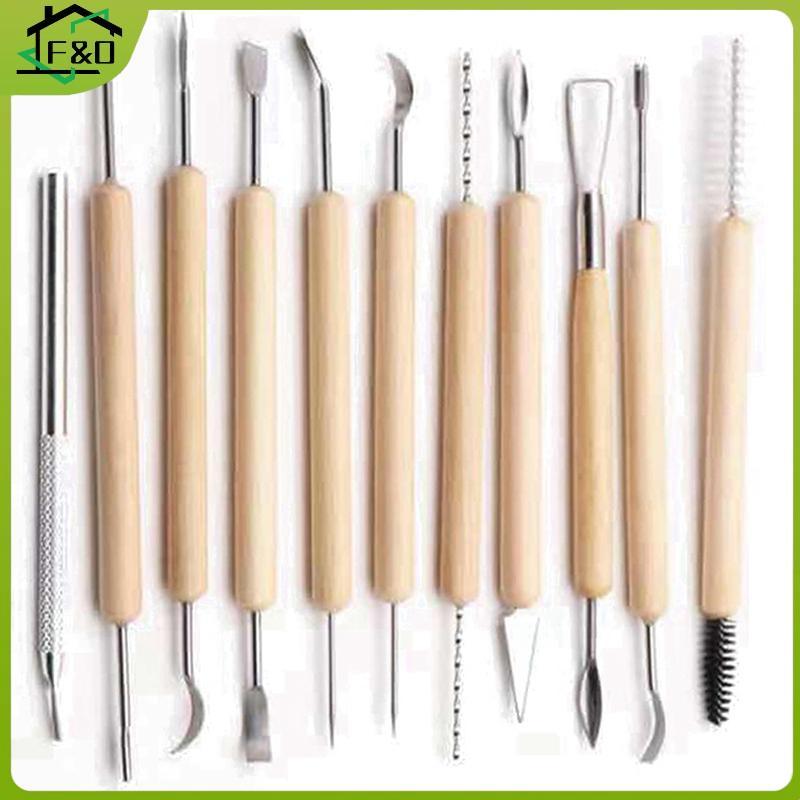 F&O 11PCS ชุดเครื่องมือปั้นดินเครื่องปั้นดินเผา, ชุดเครื่องมือแกะสลักดินโพลิเมอร์เซรามิกสองด้านพร้อมที่จับไม้เรียบ