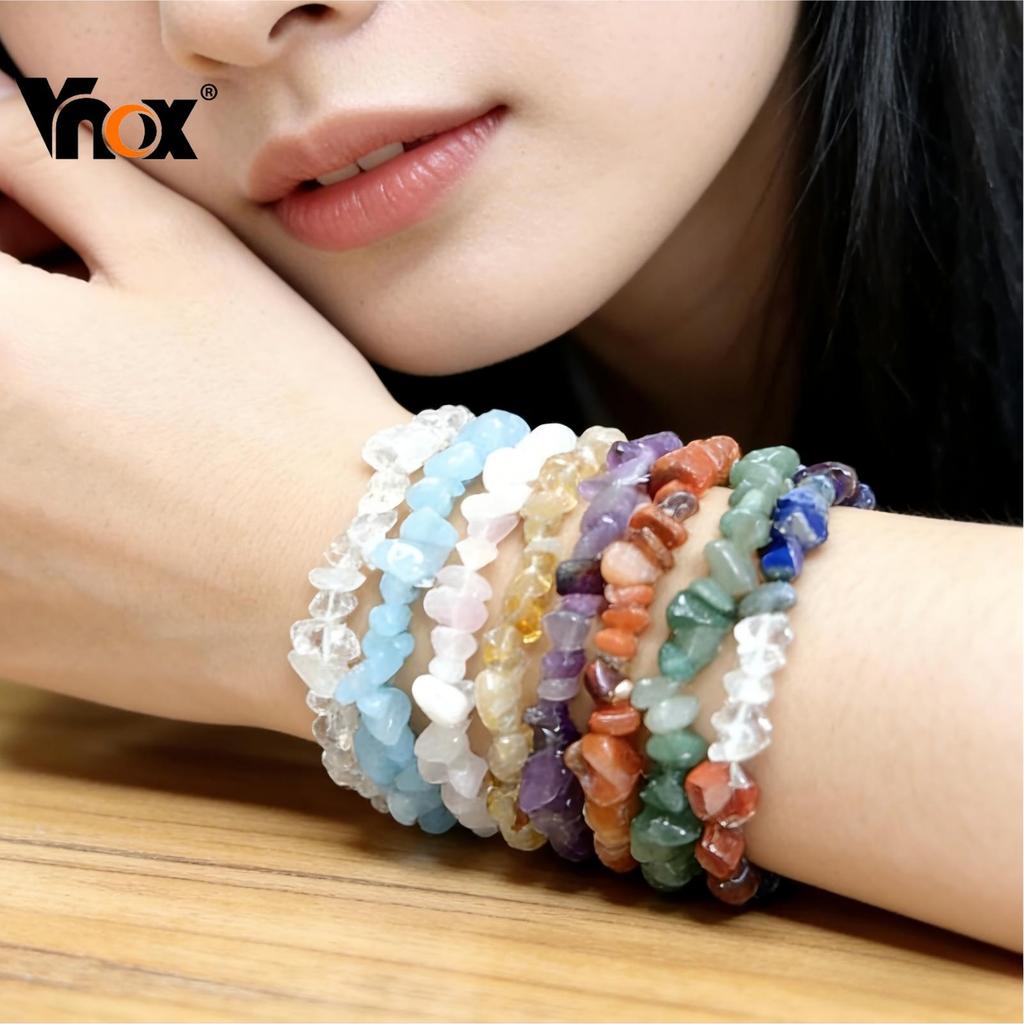 VNOX วีน็อกซ์ สร้อยข้อมือหินธรรมชาติ หินไม่สม่ำเสมอ พร้อมเชือกยืดหยุ่น เครื่องประดับแฟชั่นสำหรับผู้หญิง