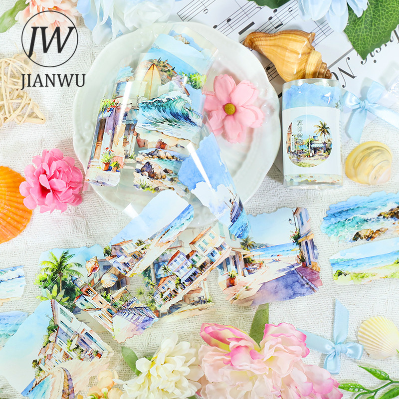 JIANWU 70 มม.* 200 ซม.VINTAGE ฤดูร้อน Sea Town ภูมิทัศน์วัสดุ Collage Scrapbooking PET เทป Creative DIY Journal เครื่องเขียน