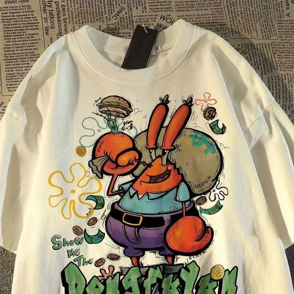 เสื้อยืดแขนสั้นสไตล์ฮ่องกง พิมพ์ SpongeBob SquarePants สำหรับทั้งผู้ชายและผู้หญิง ทรงหลวมรอบคอมีสไตล์ ราคา ถูกที่สุด ดีลบีเคเค แกลเลอรีภาพที่ 5