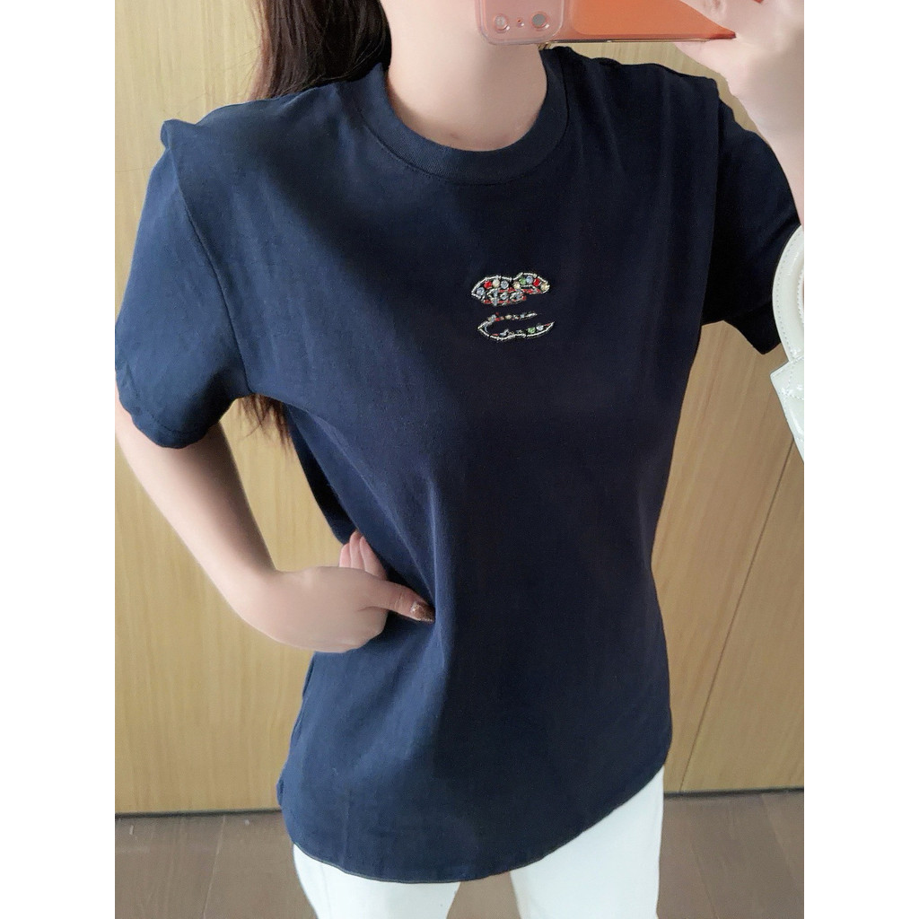 T4SK CH* Early Spring New Style with Color-Block Letters on Chest logo Beaded Decor Round Neck Short