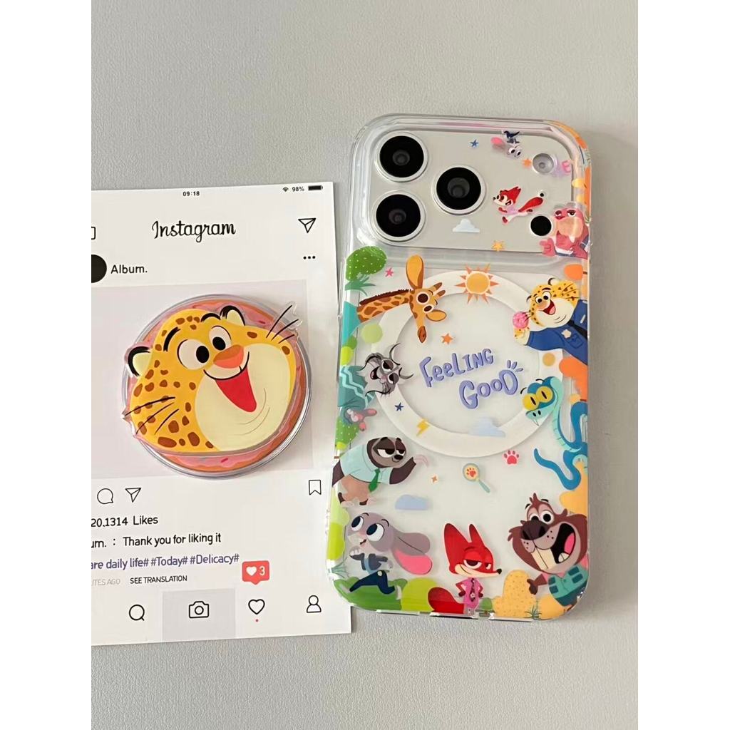 น่ารักสวนสัตว์การ์ตูนเงาเคสโทรศัพท์แม่เหล็กสําหรับiPhone 13 14 15 16 17 Pro Maxพร้อมการออกแบบที่เรียบง่ายหัวหน้าBogoเสือดาวเจ้าหน้าที่ขาตั้งแม่เหล็ก