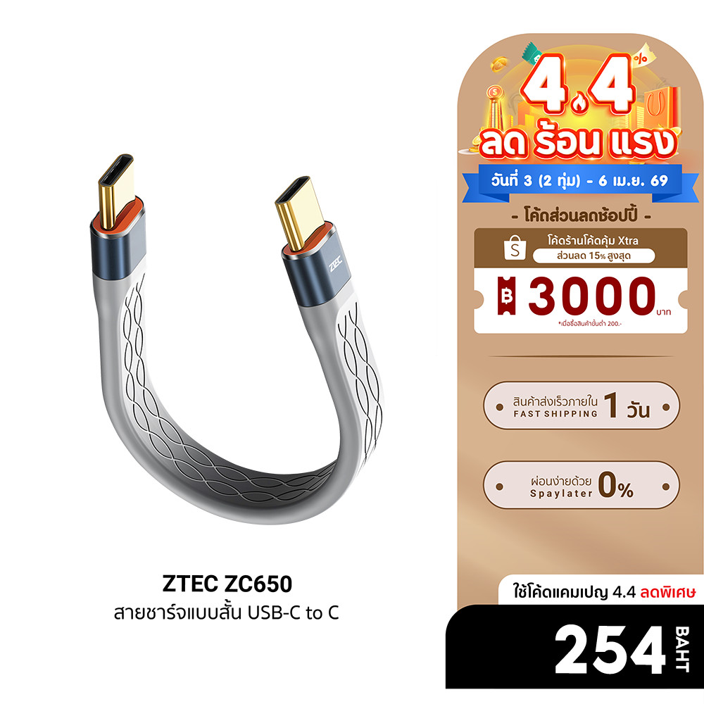 [ลดเหลือ 254] ZTEC ZC650 สายชาร์จแบบสั้น USB-C to USB-C Thunder 4/3 , USB 4 เชื่อมต่อภาพ 8K -24M