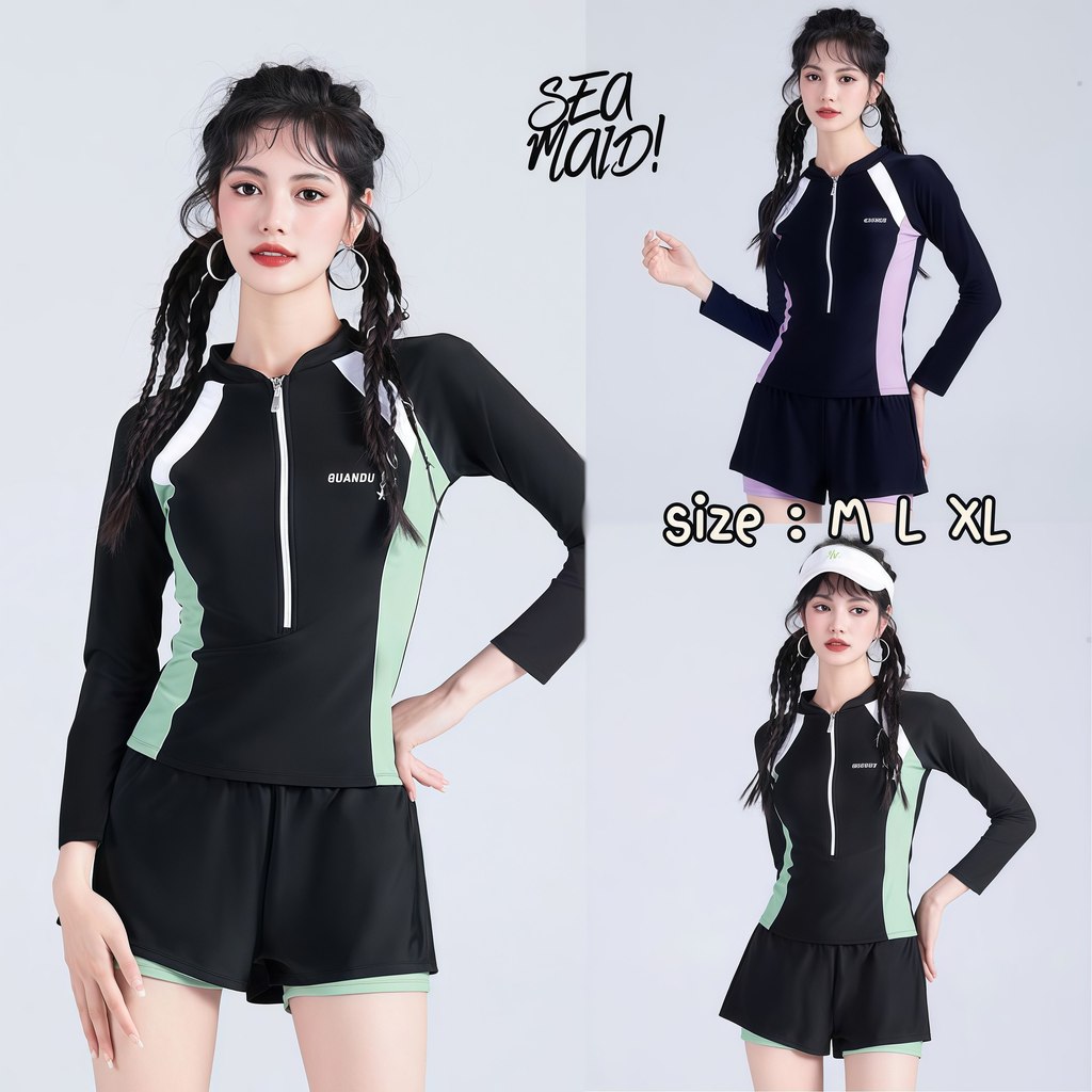 SEA MAID ชุดว่ายน้ำกีฬา ชุดว่ายน้ำแขนยาว ชุดเล่นน้ำเรียบร้อย🌰 มีไซส์ M-XL | น้ำหนัก 40-65 กก. ส่งไว Y195