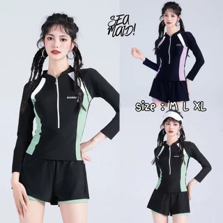 SEA MAID ชุดว่ายน้ำกีฬา ชุดว่ายน้ำแขนยาว ชุดเล่นน้ำเรียบร้อย🌰 มีไซส์ M-XL | น้ำหนัก 40-65 กก. ส่งไว Y195