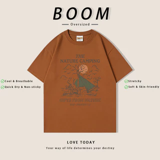 BOOM ฤดูร้อน เสื้อยืดสั้นแขนผ้ายืด สไตล์เรโทร Oversize ลาย THE NATURE CAMPING คุณภาพ ระบายอากาศดี (เงินสดปลายทาง)