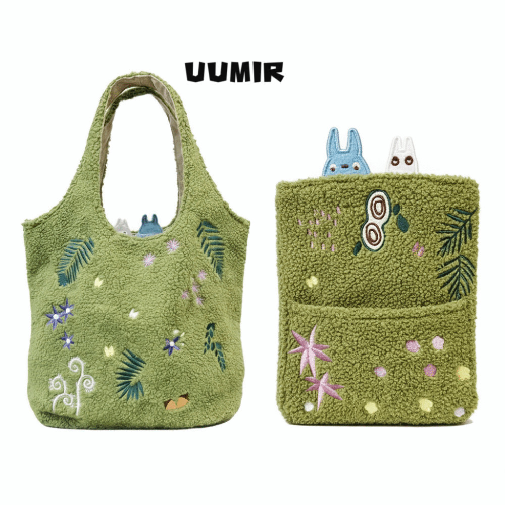 UUMIR กระเป๋าตุ๊กตาแกะปัก, กระเป๋าถือไหล่เดียวตุ๊กตาขนแกะ, สไตล์น่ารักกํามะหยี่สีเขียวพื้นผิวกระเป๋า Messenger แบบพับได้ Casual Occasions