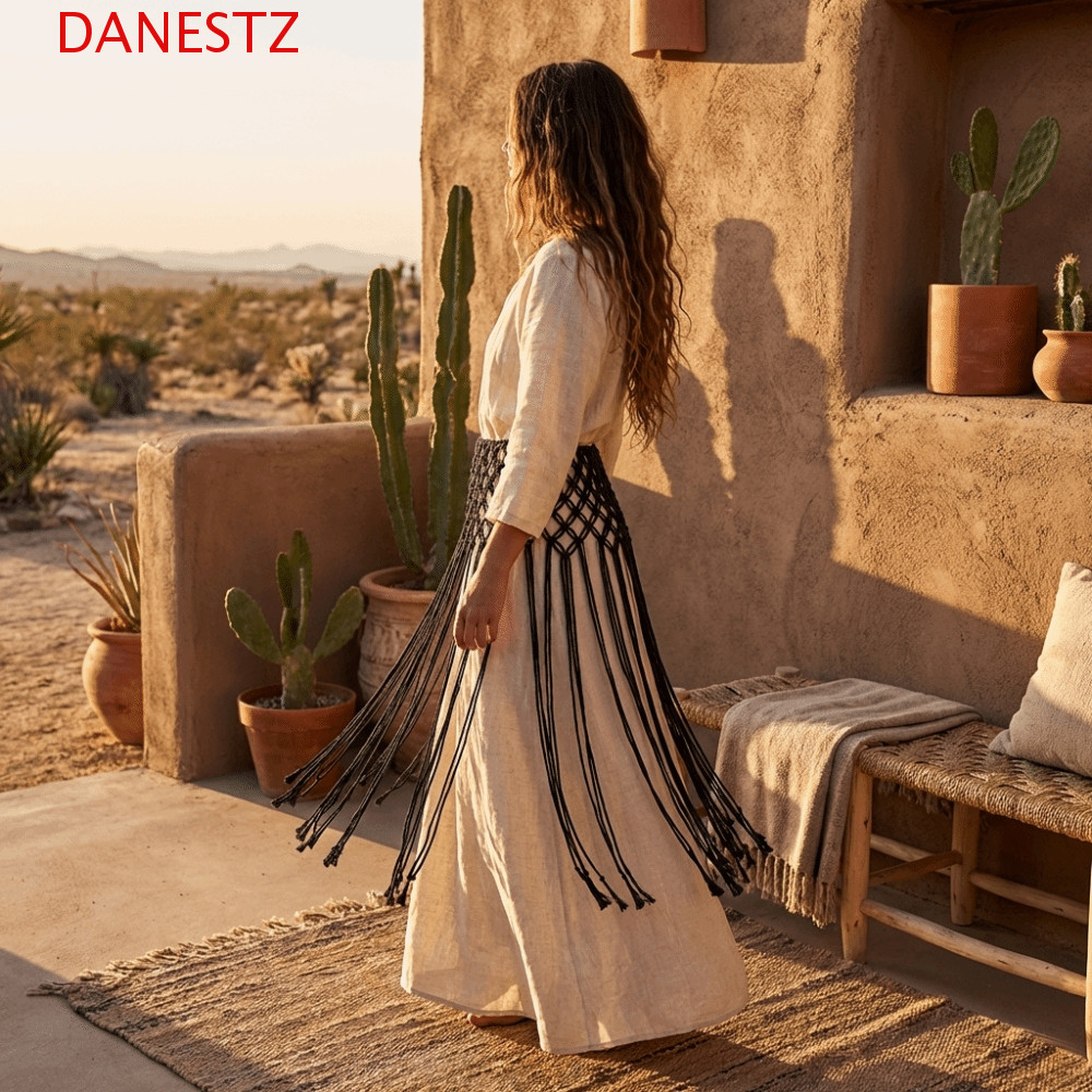 DANESTZ เข็มขัดพู่ตาข่าย ตกแต่งเอวแบบชาติพันธุ์ด้วยมือ เข็มขัดปรับขนาดได้ สไตล์แฟชั่นสำหรับสตรี