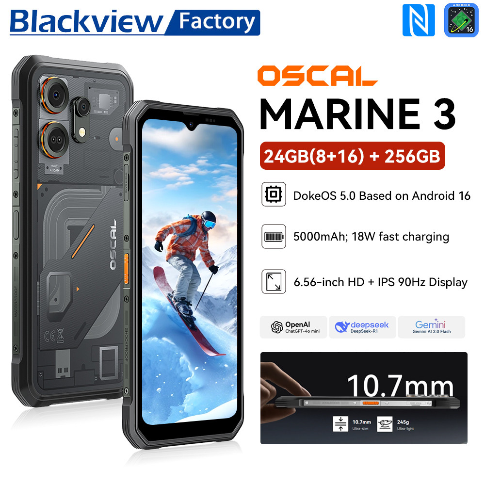 Global version Blackview OSCAL Marine 3 สมาร์ทโฟนที่ทนทาน Android 16 6.56" HD+IPS Display 24GB(8GB+16GB) + 256GB NFC โทรศัพท์มือถือ