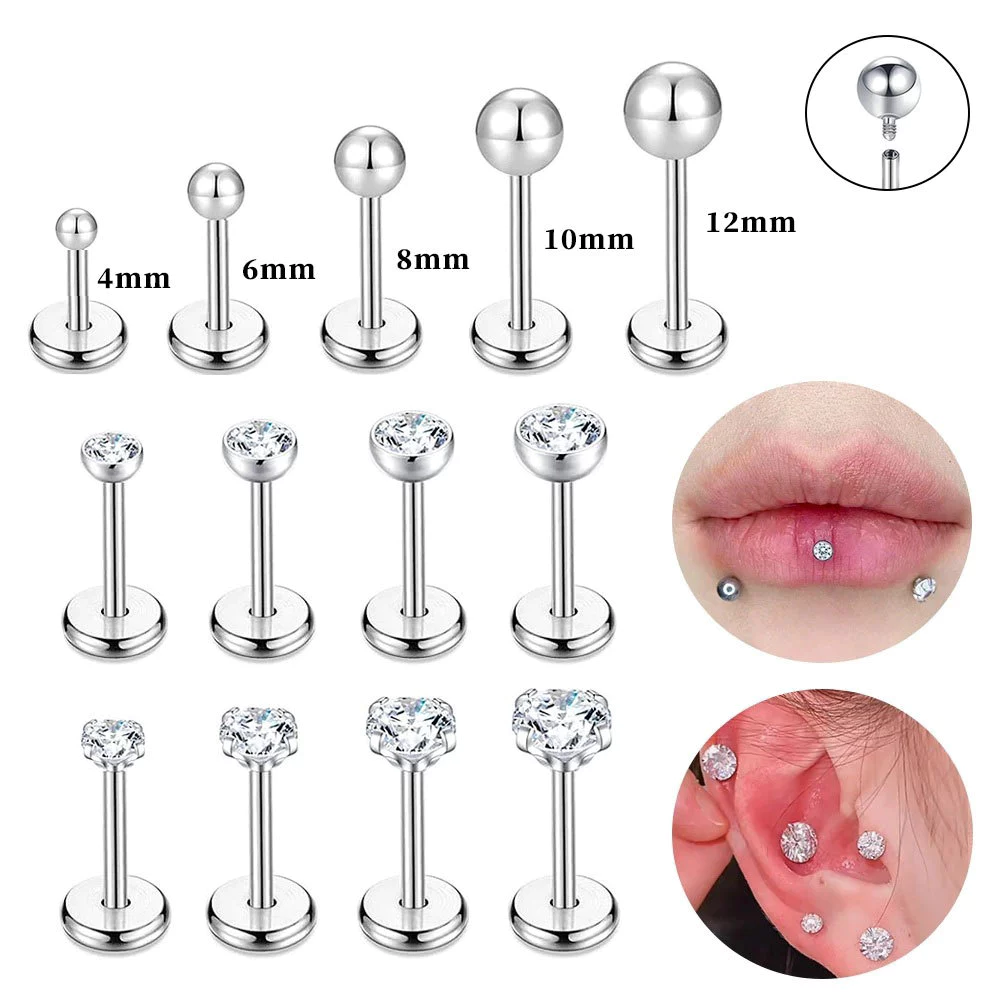 1 PC 2-6 มม.คริสตัลสแตนเลส Labret Lip Piercing รอบภายในด้าย Ball กระดูกอ่อน Stud ต่างหู Helix เจาะ