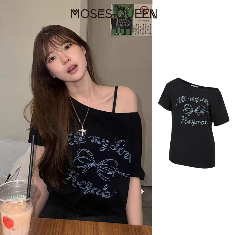 MOSESQUEEN ชุดลำลองสำหรับผู้หญิง แบบปิดไหล่แขนสั้น ทำจากผ้าฝ้ายดูดซับเหงื่อ เหมาะสำหรับการสวมใส่ทุกวันและพบปะสังคม #63652