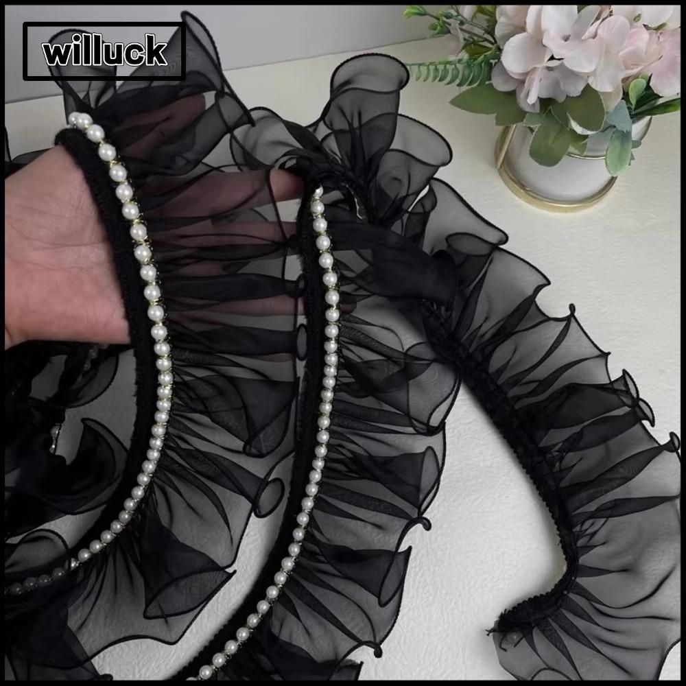 WILLUCK จีบ Ruffled ผ้า, 8 ซม.กว้าง Organza ลูกปัด Ruffle ลูกไม้,สีดํา DIY Pearl ลูกไม้อุปกรณ์เสริมชุดกระโปรงคอขอบ