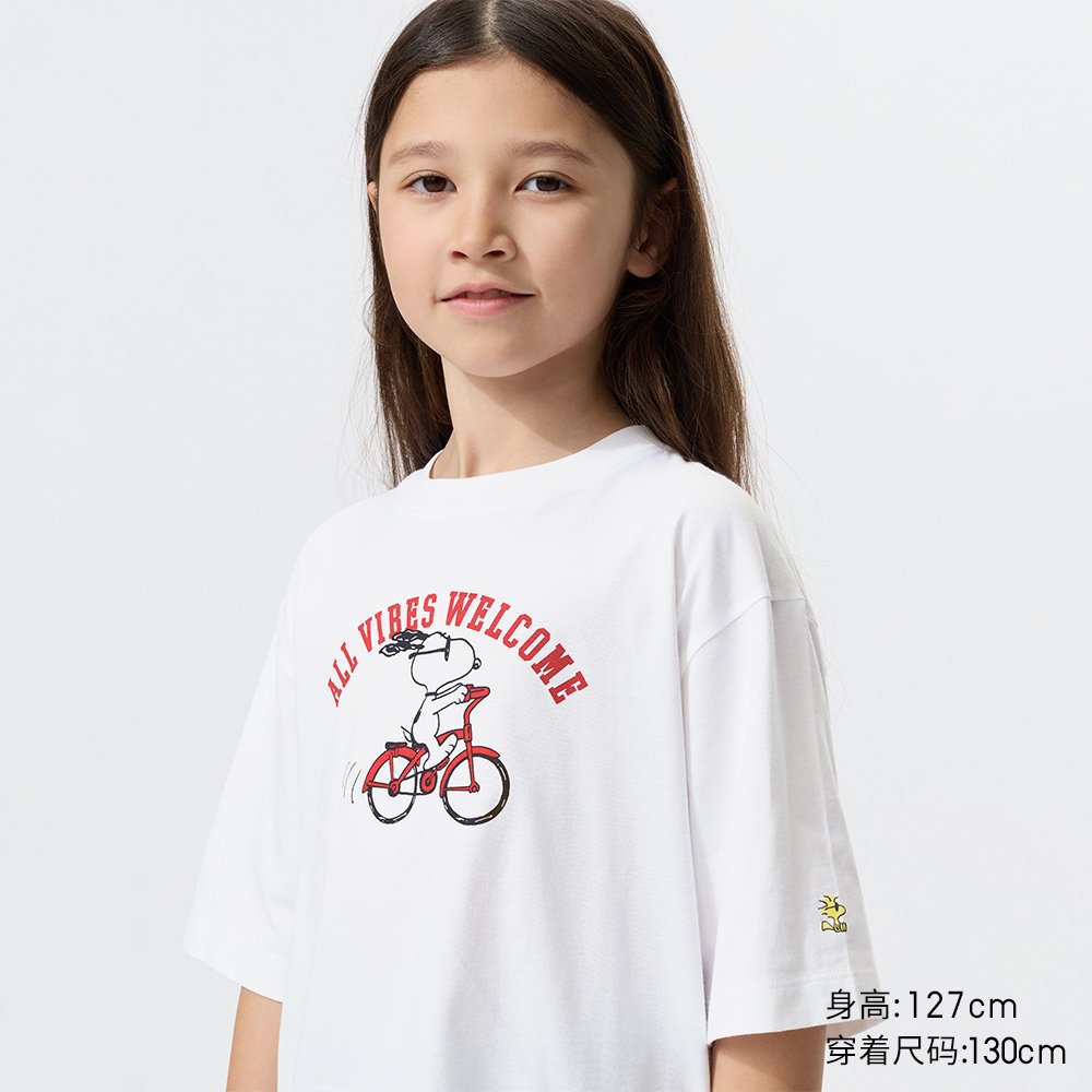 Un0 เสื้อผ้าเด็กผู้หญิง PEANUTS เสื้อยืดแขนสั้นพิมพ์ลายทรงหลวม 484222