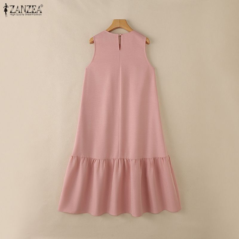 Zanzea ผู้หญิงเกาหลี Minimalist หลวมกระเป๋าด้านข้าง Ruffled สีทึบรอบคอแขนกุด — صورة 8