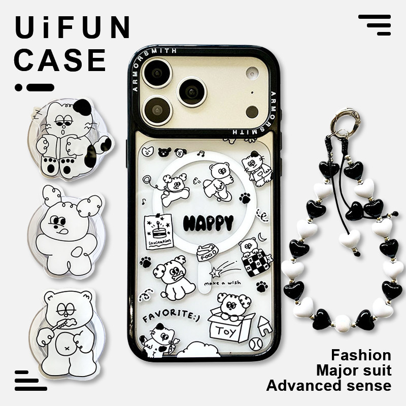 การ์ตูนลูกสุนัขแมวขาตั้งเคสโทรศัพท์แม่เหล็กเข้ากันได้สําหรับ ไอโฟน 17อากาศ 16จ 15 14บวก 13 12 มือโปร สูงสุด 11 กับรักหัวใจโซ่ฮาร์ดคริลิคกันกระแทกปลอกบั