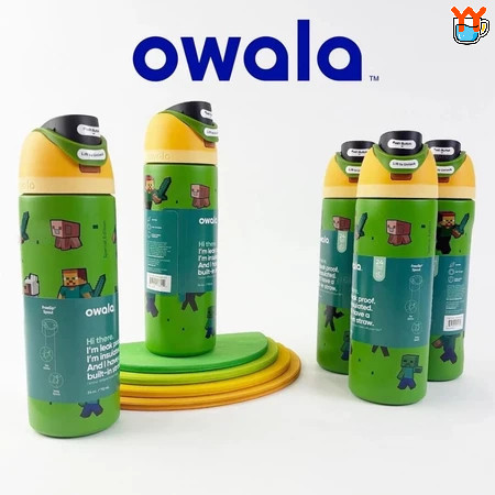Owala FreeSip x Minecraft 24oz 32oz ขวดน้ํา, ฝาฟาง 2-in-1 ที่จดสิทธิบัตร, สแตนเลสสูญญากาศฉนวนป้องกัน
