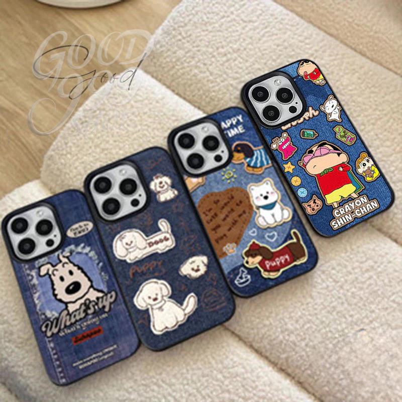เคสหนังลายสุนัขคู่รักสุดเท่ ลายกระต่าย สีเทียนชินจังสำหรับ IPhone 17 16 11 13 15 12 14 Pro Max XR XS X Max 15 7 8 Plus