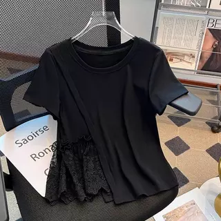 Chili Koko เสื้อยืดผู้หญิง ลูกไม้เย็บปะติดปะต่อกัน คอกลม แขนสั้น ทรงหลวม เรียบหรู อเนกประสงค์ 99312