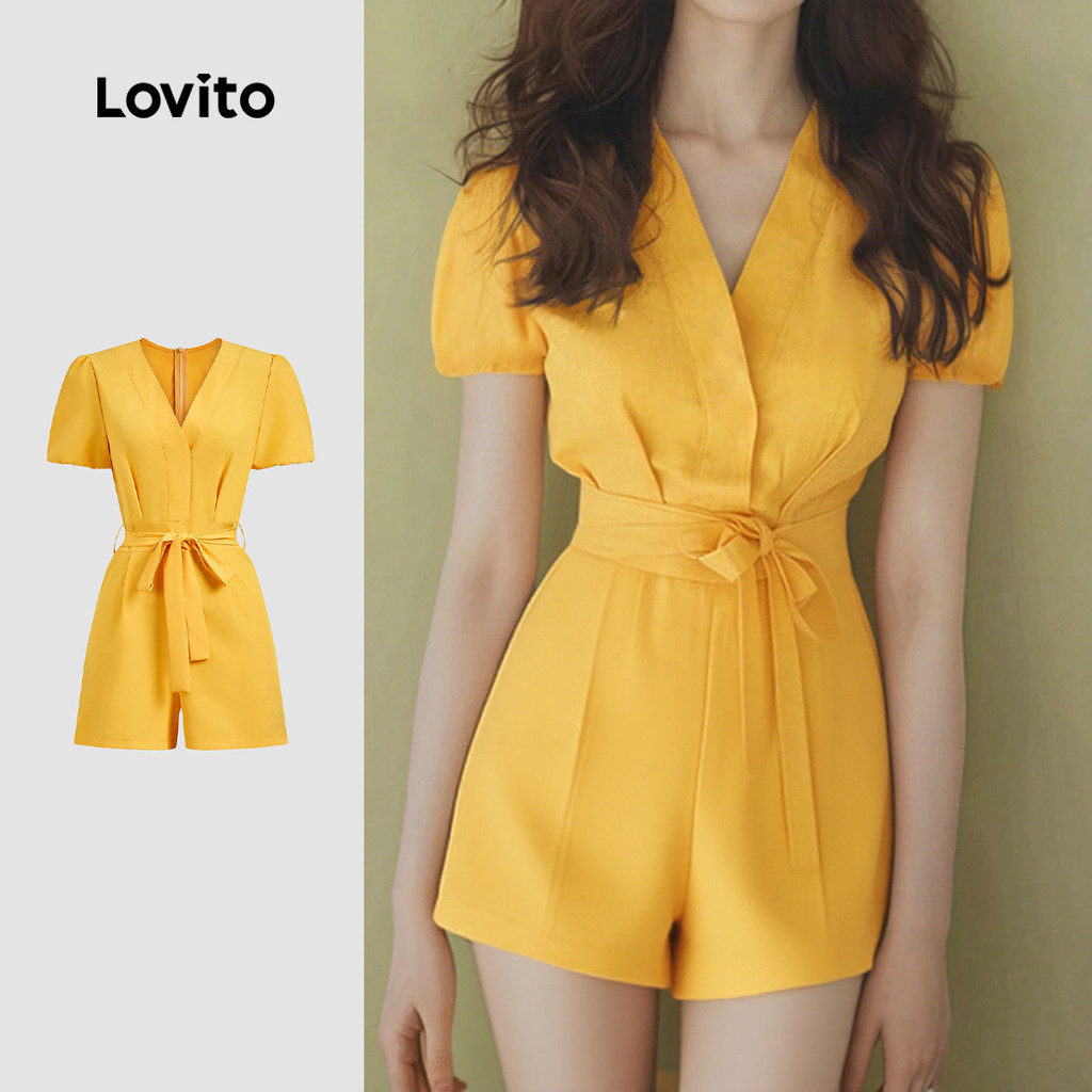 Lovito ชุดจั๊มสูทสไตล์หรูหรา ผ้าลูกไม้ผูกเชือก สีเหลืองสำหรับผู้หญิงฤดูใบไม้ผลิฤดูร้อน L149LD344