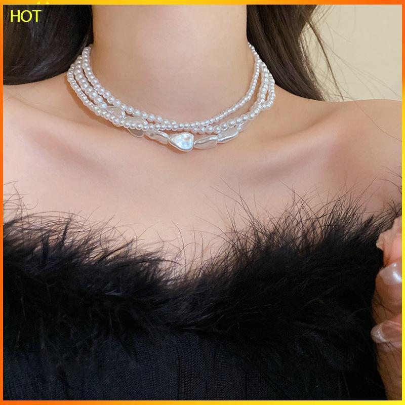 Technicolorsuper Multi-Layer Pearl สร้อยคอผู้หญิง Elegant Chokers Retro คอเทียมไข่มุกสร้อยคอหัวใจงาน