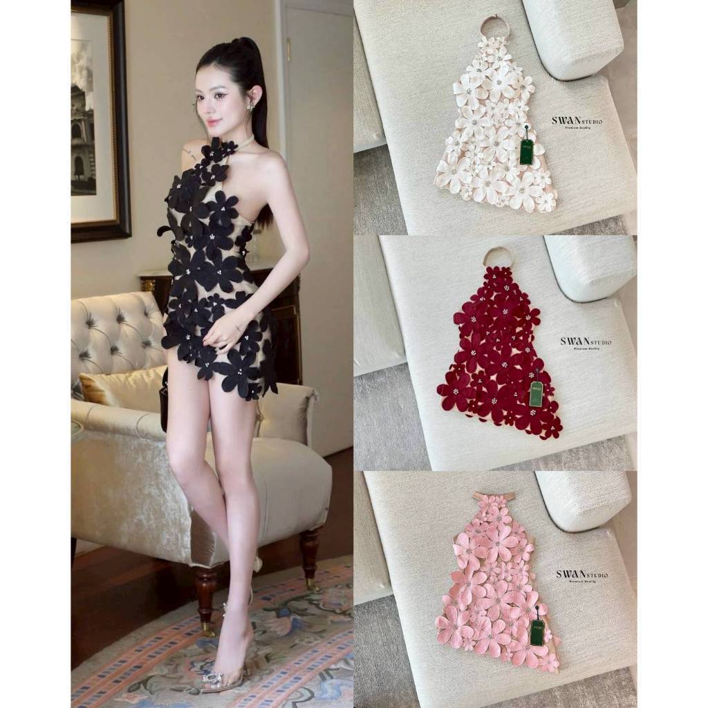 Shop_DD Swan319 เดรสสั้นดีไซน์สุดโดดเด่นด้วยลายดอกไม้สามมิติทั้งตัว DD