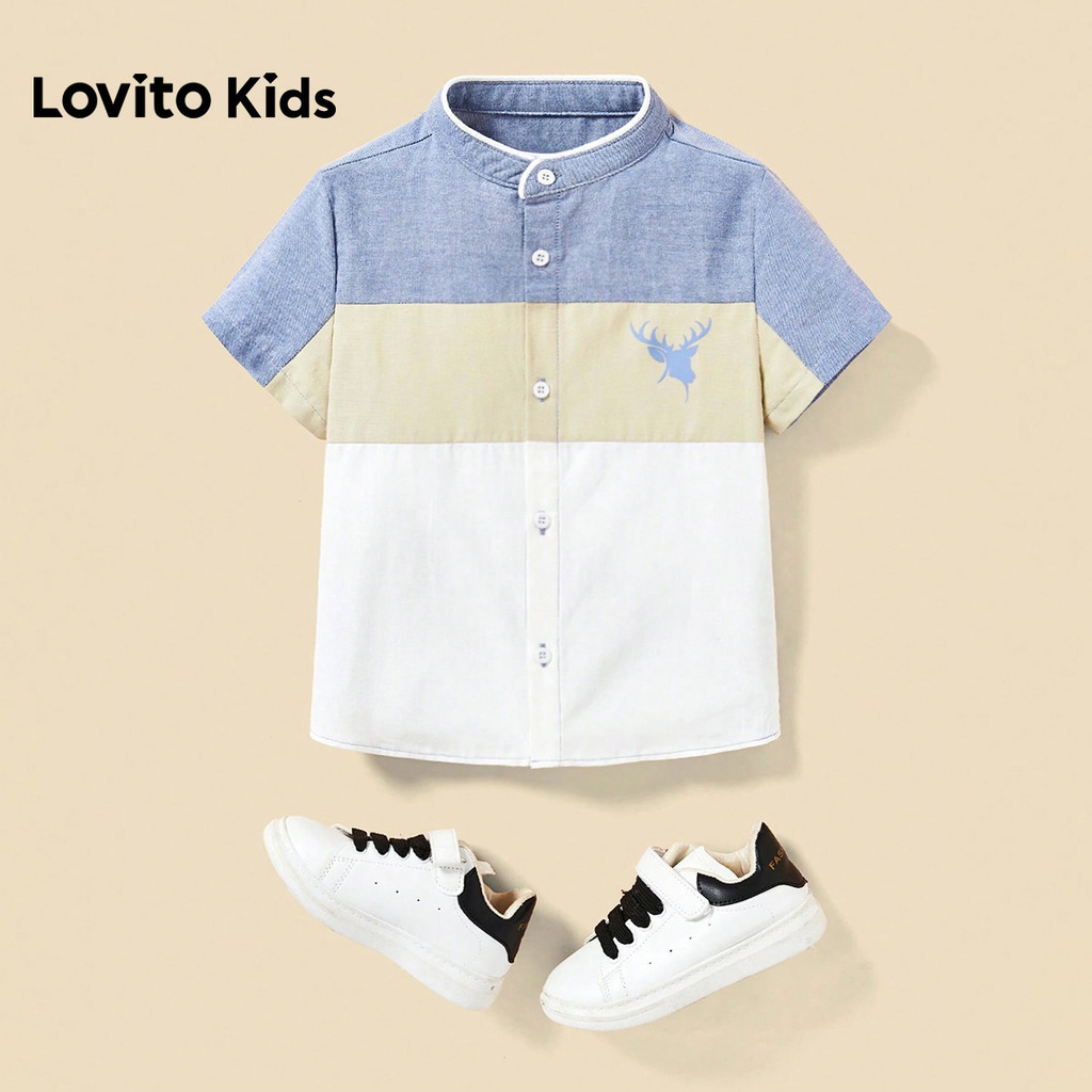 Lovito Kids เสื้อเชิ้ตลําลองติดกระดุมสําหรับเด็กผู้ชาย ฤดูใบไม้ผลิ/ฤดูร้อน L168LD203