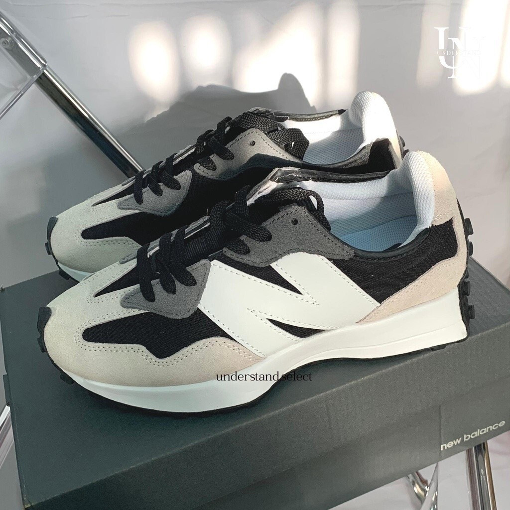 รองเท้า.NEW.BALANCE.327.หนังลูกวัว.สีเทาเข้ม.ดำ.ขาว.สำหรับทั้งผู้ชายและผู้หญิง.คู่รัก.MS327BD