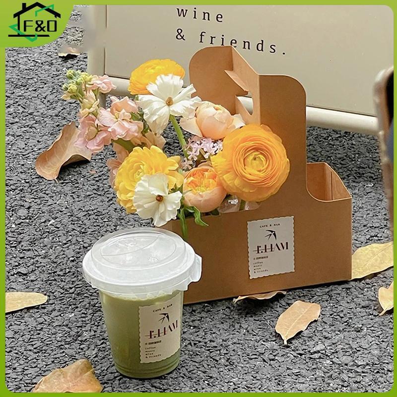 F&O 10 ชิ้น 1/2/4-ถ้วยเครื่องดื่ม Carrier พร้อมที่จับกระดาษคราฟท์ที่วางแก้ว Go ถ้วยกาแฟสําหรับเครื่อ
