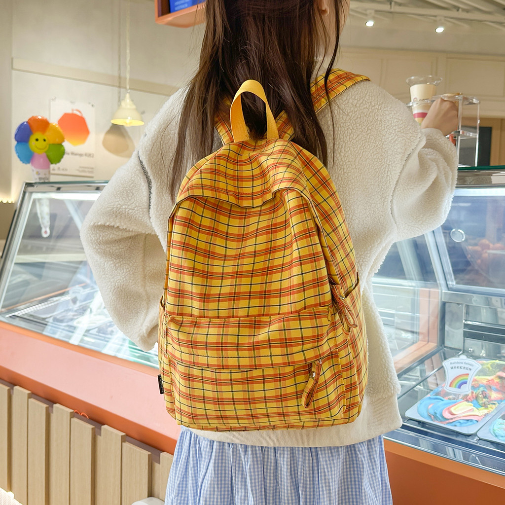 ใหม่ Retro Niche Check Check Check Check Check กระเป๋าเป้สะพายหลัง Commuter ความจุขนาดใหญ่กระเป๋านัก