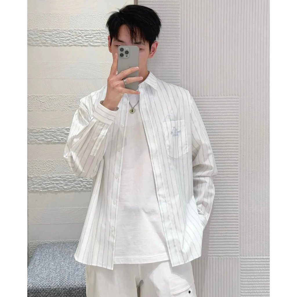 Burberry Dior เสื้อ Street Wear โค้งแนวตั้งรูปแบบโค้ง Hem ปกปุ่มกระเป๋าผู้ชายฤดูใบไม้ร่วงฤดูหนาวสไตล