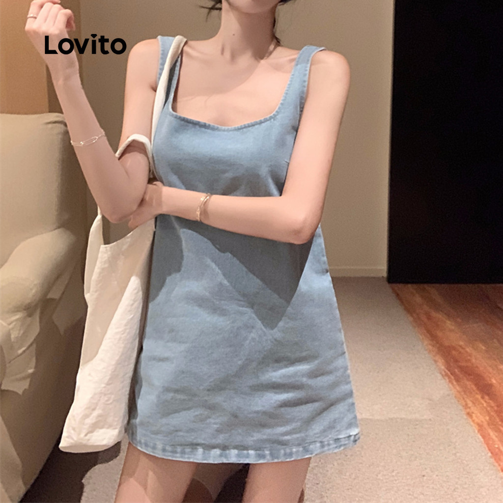 Lovito ชุดเดรสยีนส์สีฟ้าอ่อนฤดูใบไม้ผลิ/ฤดูร้อนลําลองสําหรับผู้หญิง LNA103018