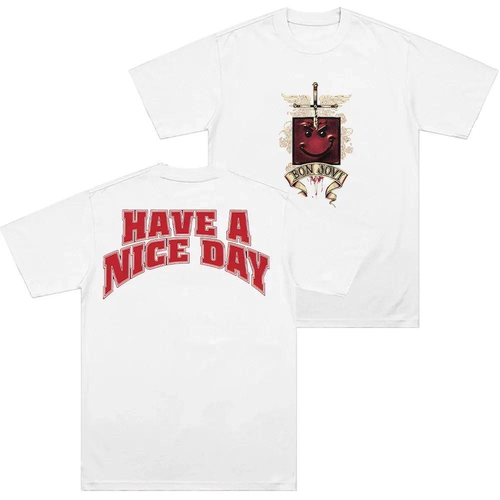 Bon Jovi ขอให้มีวันที่ดีเสื้อยืดผ้าฝ้ายคุณภาพสูงสบายเสื้อยืดผู้ชาย Tee วงร็อค Merch Streetwear Unise